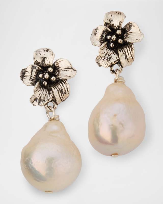 Sterling Silver Flower and Cultured Pearl Drop Earrings